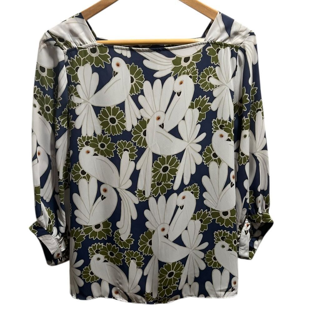 Ann Taylor Navy Blue White and Olive Green Bird Print Blouse